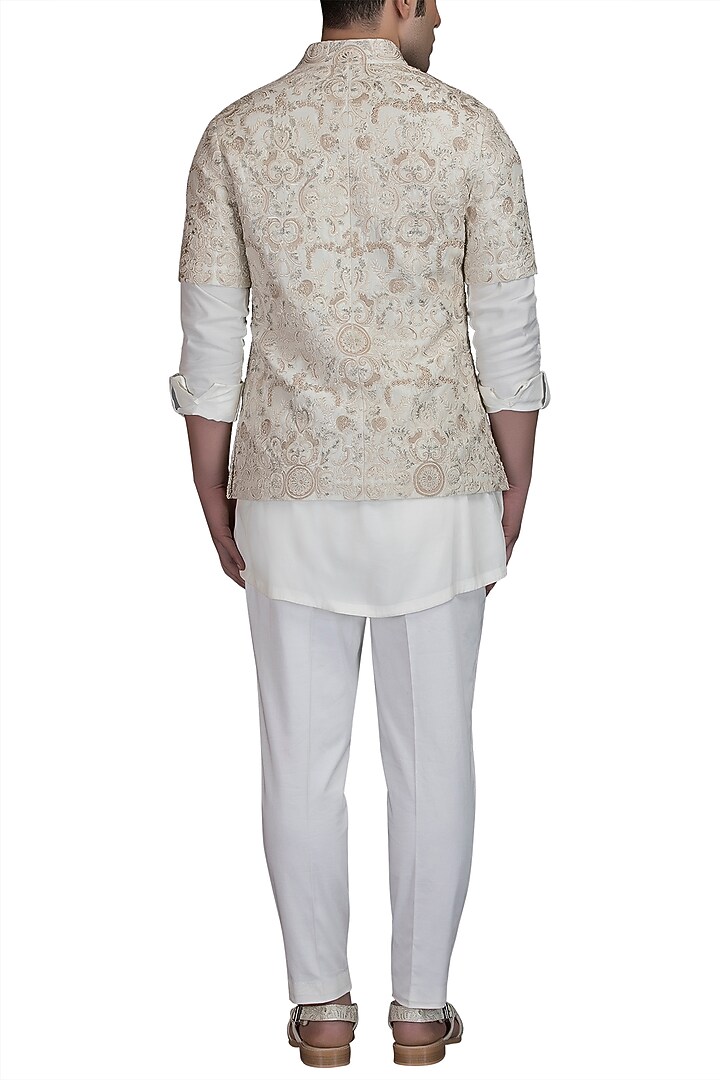 Ivory Raw Silk Bundi Jacket Set by Varun Bahl Men at Pernia's Pop Up Shop