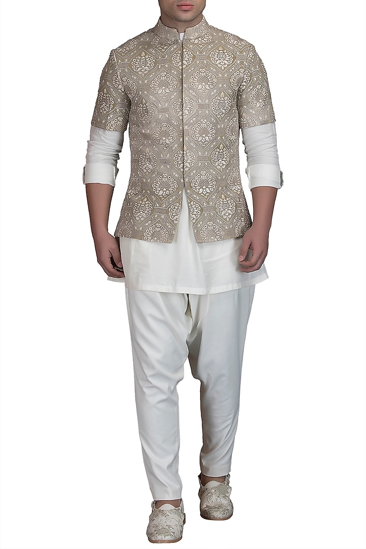 Ivory Kurta Set With Embroidered Bundi Jacket by Varun Bahl Men