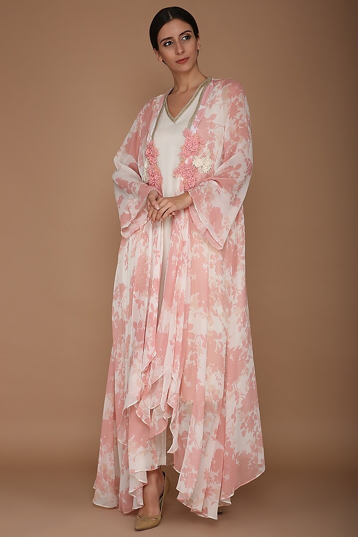 Pink Embroidered Printed Cape With Ivory Tunic & Pants by Varun Bahl