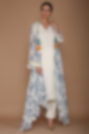 Blue Embroidered Printed Cape With Ivory Tunic & Pants by Varun Bahl