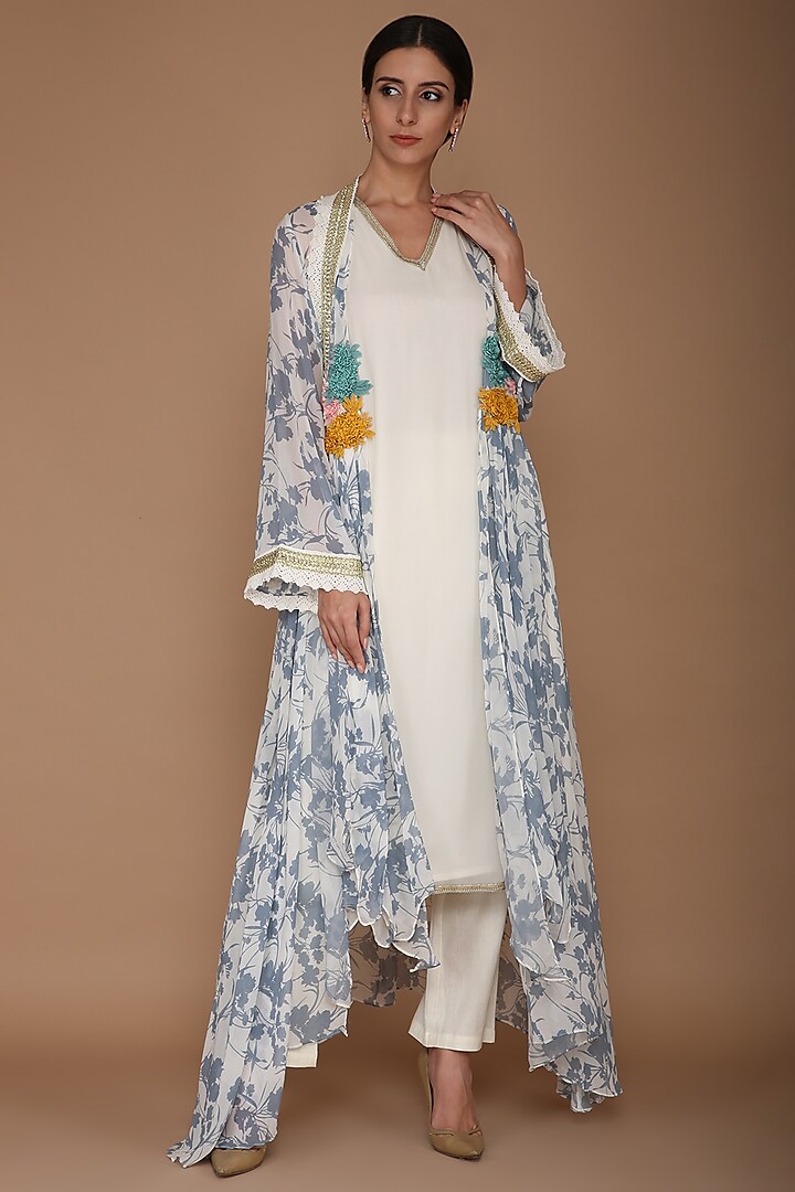Blue Embroidered Printed Cape With Ivory Tunic & Pants by Varun Bahl