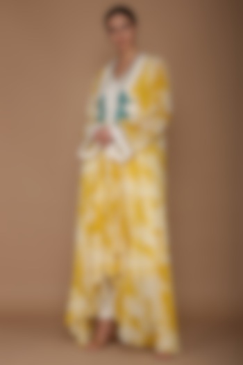 Yellow Embroidered Printed Cape With Ivory Tunic & Pants by Varun Bahl