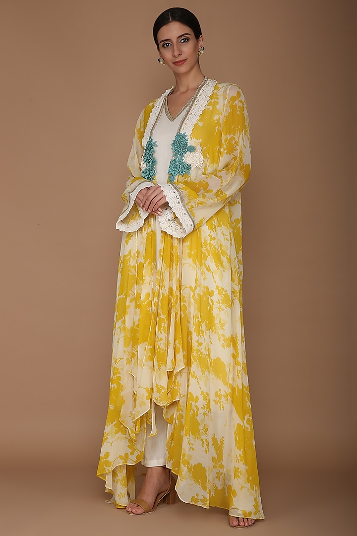 Yellow Embroidered Printed Cape With Ivory Tunic & Pants by Varun Bahl