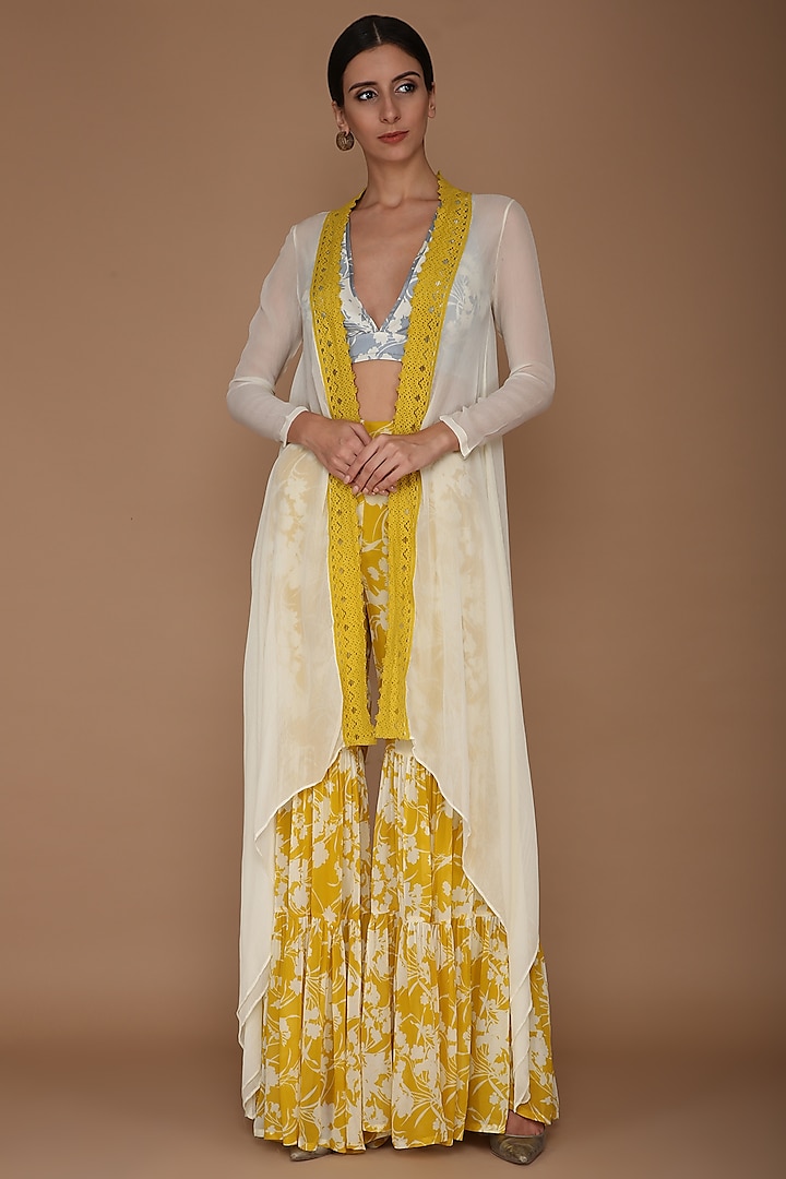 Yellow Printed Sharara Pants With Blue Embroidered Blouse & Cape by Varun Bahl