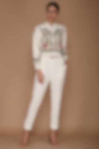 Ivory Embroidered Bomber Jacket With Bustier & Pants by Varun Bahl