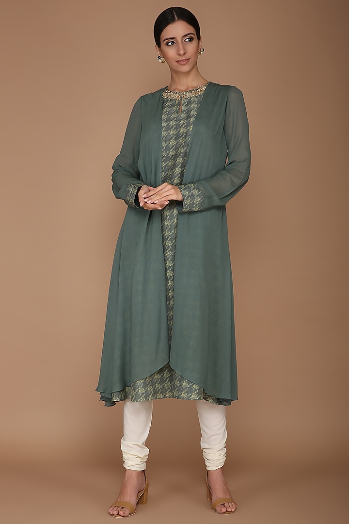 Green Printed Tunic With Pants by Varun Bahl