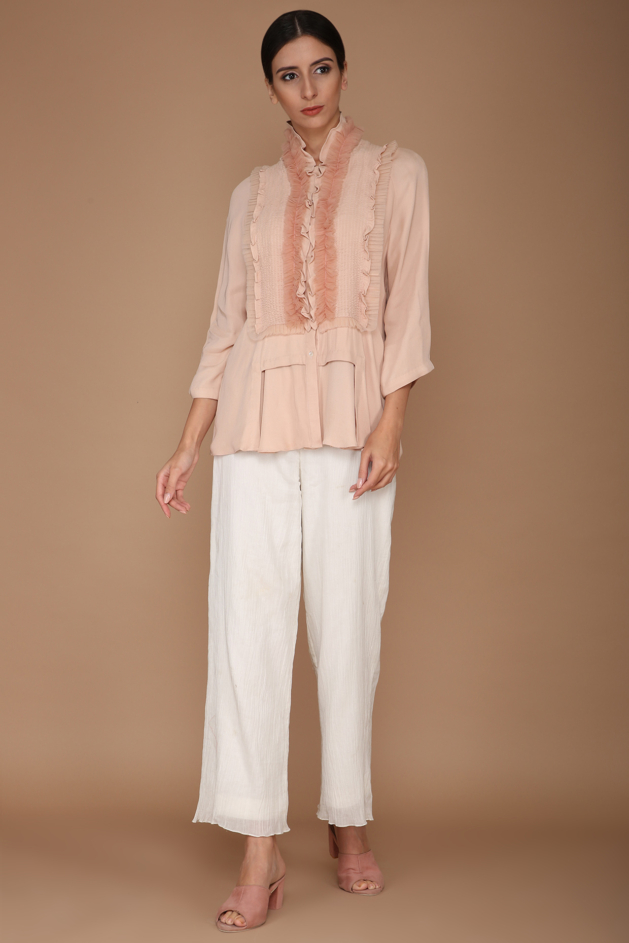 Peach Double Georgette Jacket by Varun Bahl