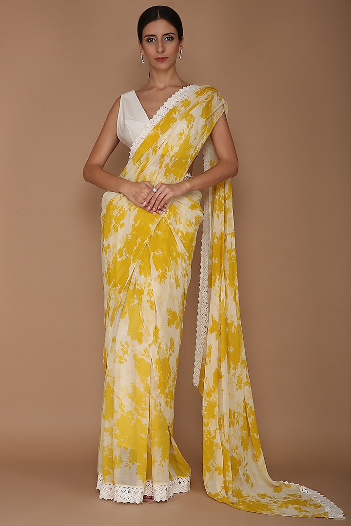 Yellow Georgette Printed Saree Set by Varun Bahl