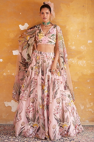 Light Pink Organza & Net Printed Lehenga Set by Varun Bahl