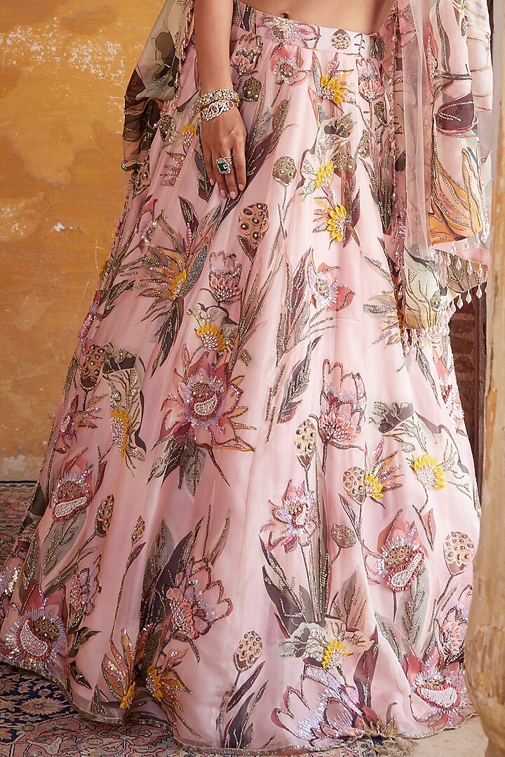 Light Pink Organza & Net Printed Bridal Lehenga Set by Varun Bahl at Pernia's Pop Up Shop