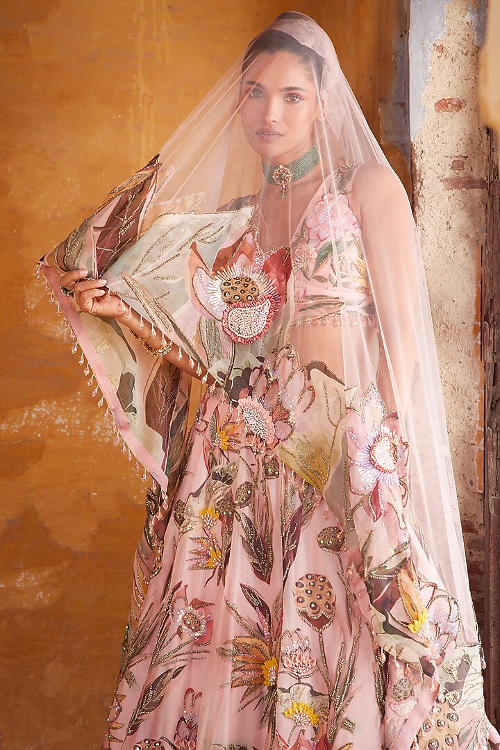 Light Pink Organza & Net Printed Bridal Lehenga Set by Varun Bahl at Pernia's Pop Up Shop