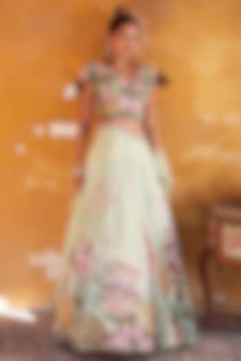 Tea Green Chanderi & Net Printed Bridal Lehenga Set by Varun Bahl at Pernia's Pop Up Shop