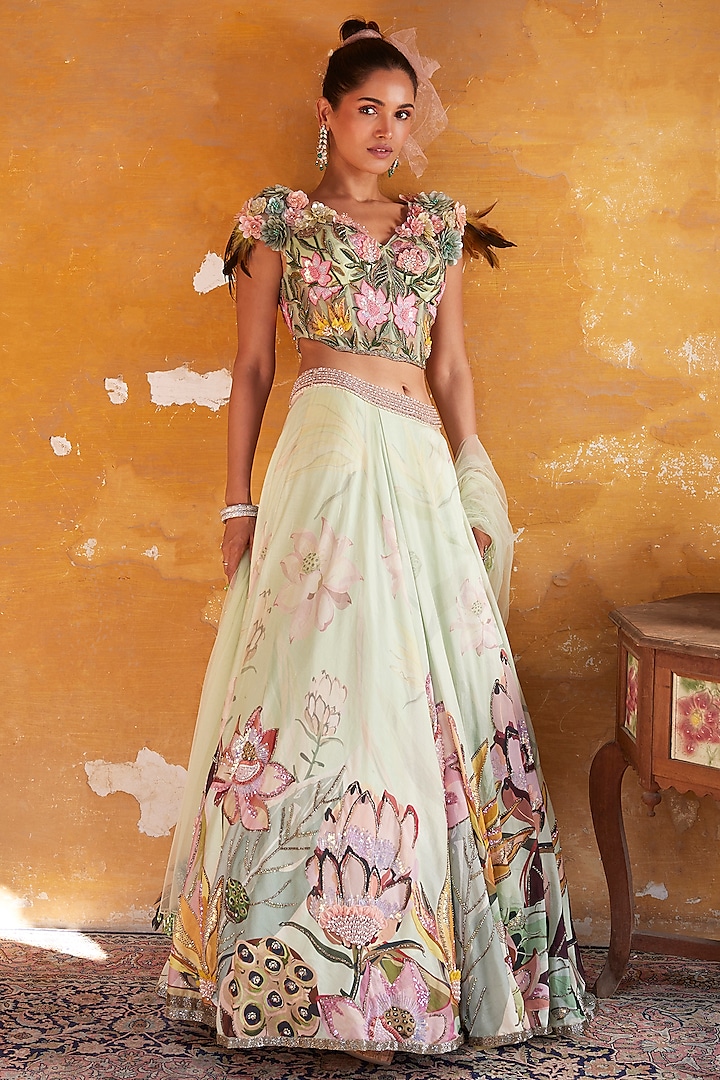 Tea Green Chanderi & Net Printed Bridal Lehenga Set by Varun Bahl at Pernia's Pop Up Shop