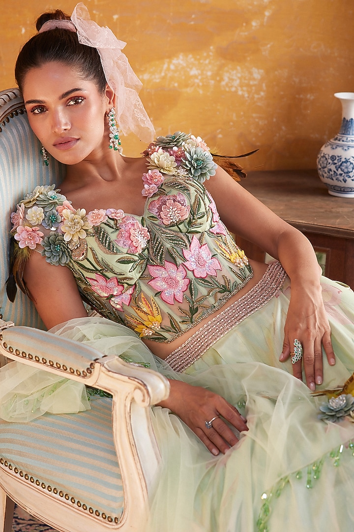 Tea Green Chanderi & Net Printed Bridal Lehenga Set by Varun Bahl at Pernia's Pop Up Shop
