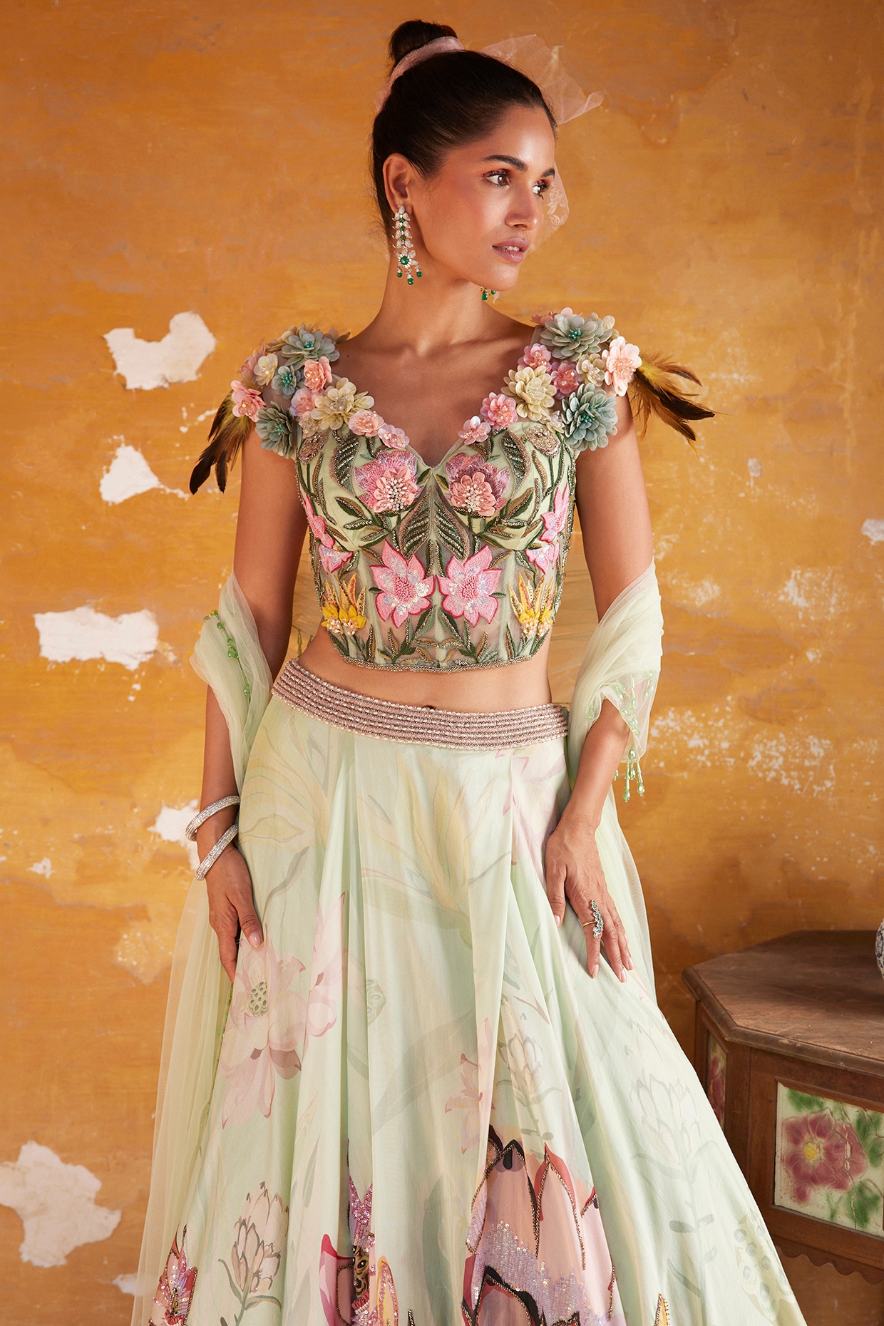 Buy Floral Green Georgette Lehenga Choli Set Online. – Odette