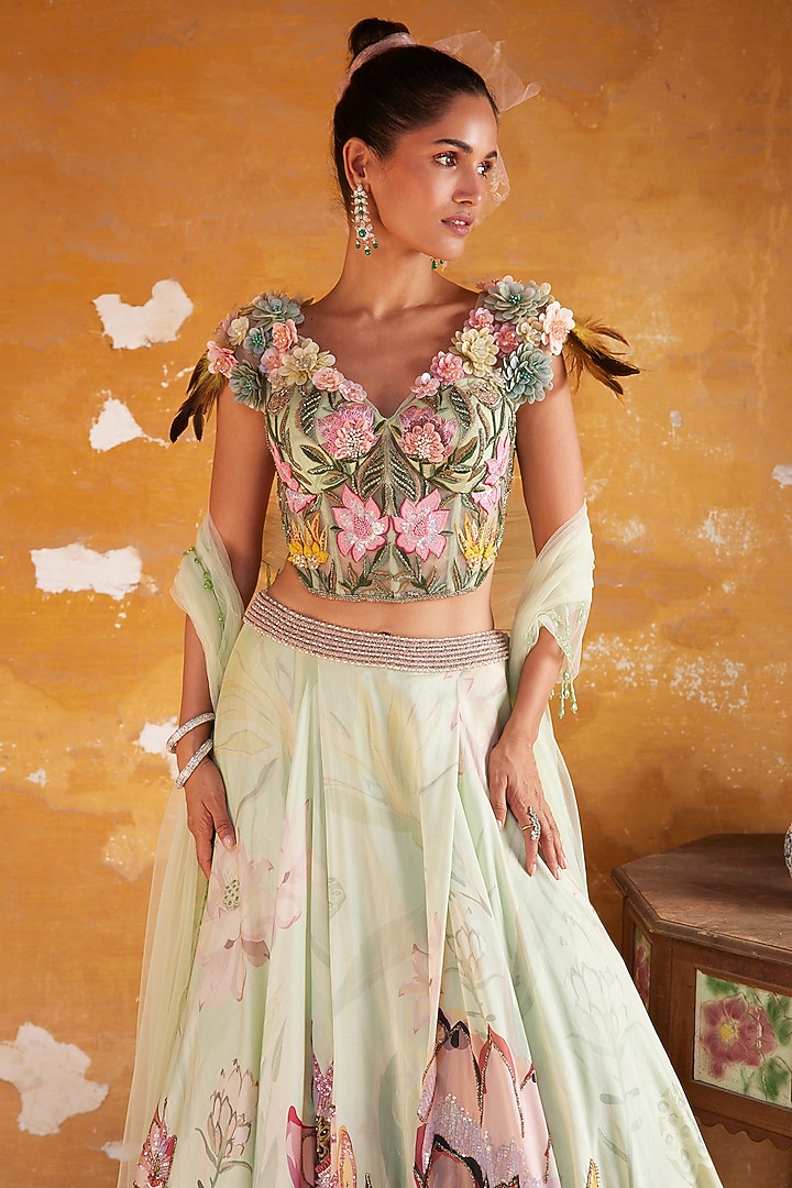 Tea Green Chanderi & Net Printed Bridal Lehenga Set by Varun Bahl at Pernia's Pop Up Shop