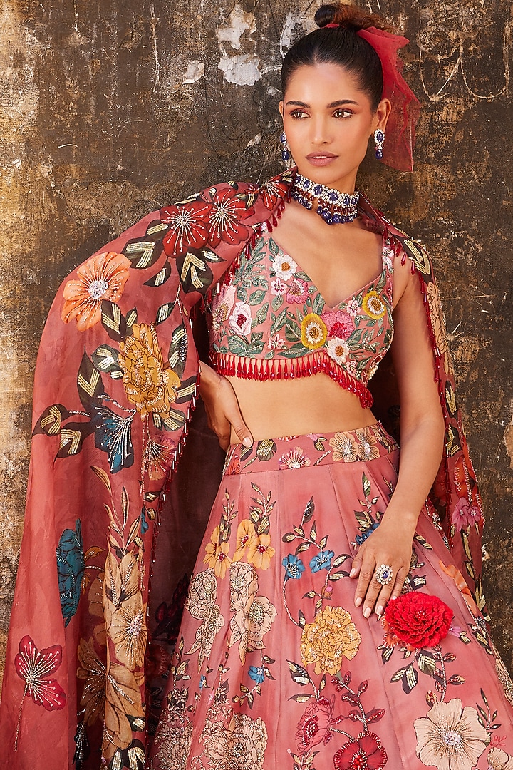 Old Rose Pink Chanderi Printed & Embroidered Bridal Lehenga Set by Varun Bahl at Pernia's Pop Up Shop
