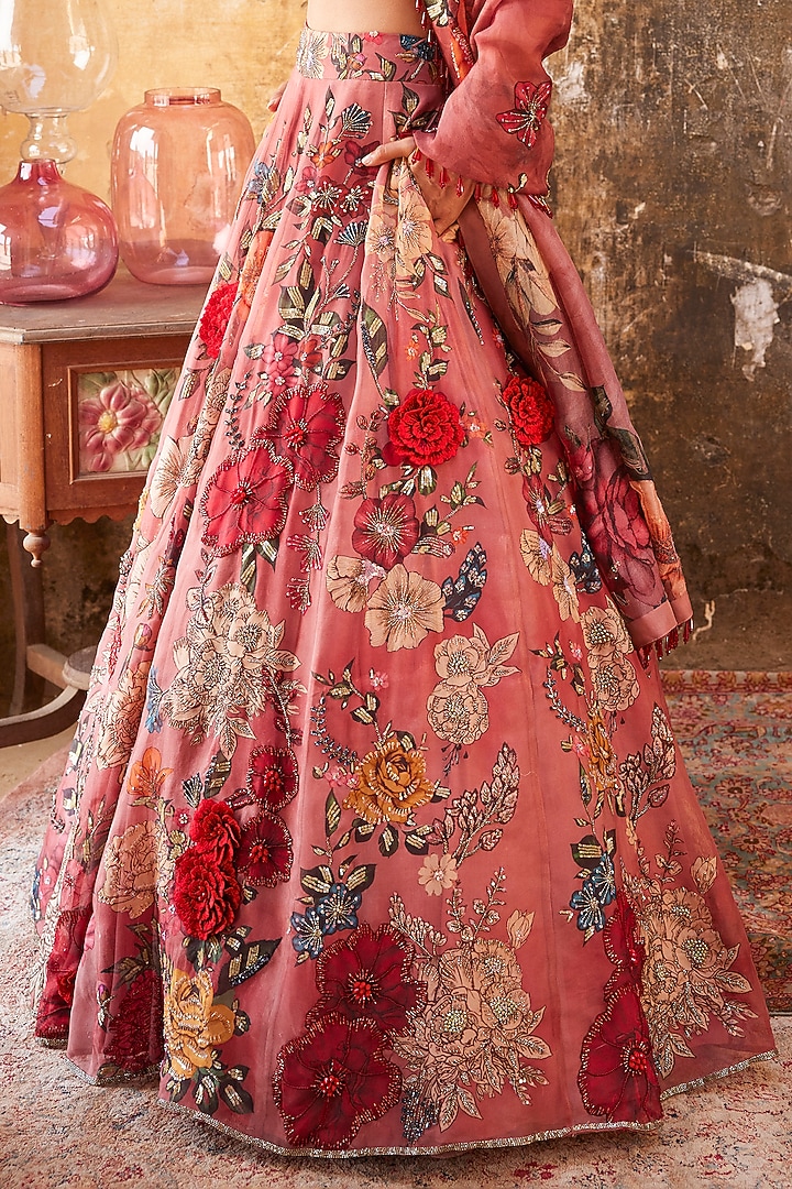 Old Rose Pink Chanderi Printed & Embroidered Bridal Lehenga Set by Varun Bahl at Pernia's Pop Up Shop
