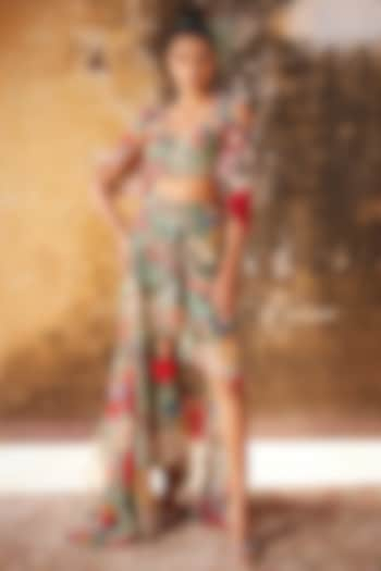 Sagre Green Organza & Net Printed Asymmetrical Skirt Set by Varun Bahl at Pernia's Pop Up Shop