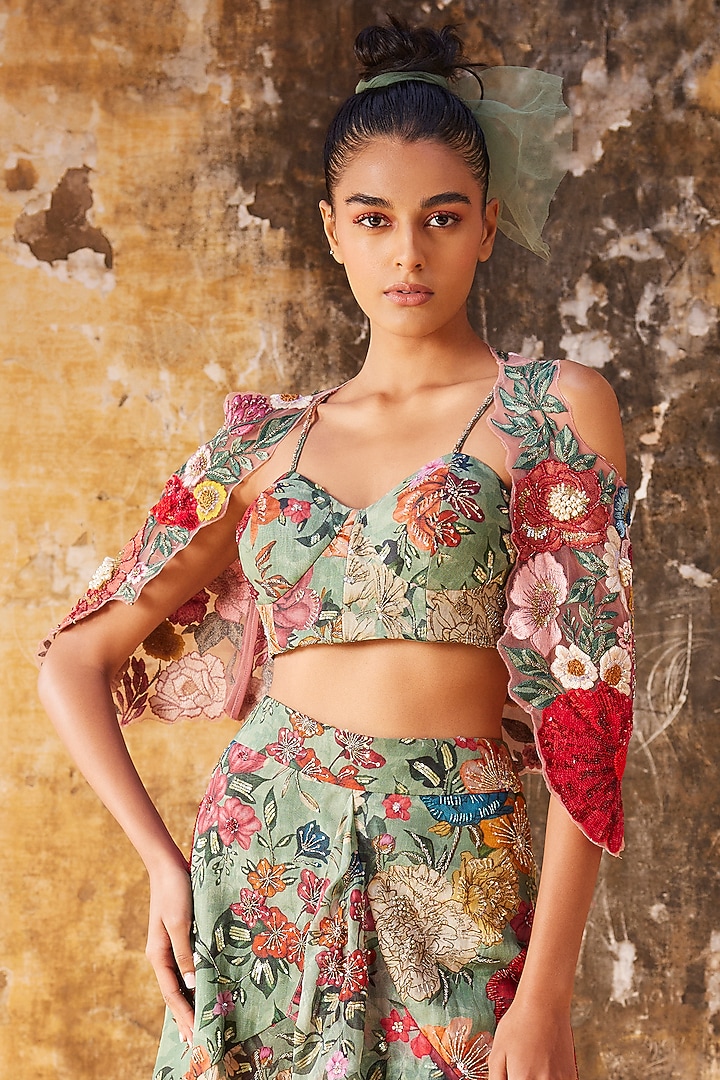 Sagre Green Organza & Net Printed Asymmetrical Skirt Set by Varun Bahl at Pernia's Pop Up Shop