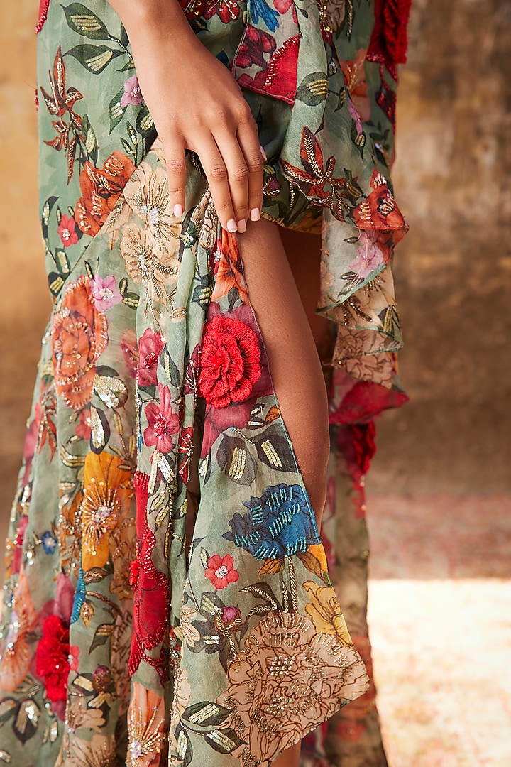 Sagre Green Organza & Net Printed Asymmetrical Skirt Set by Varun Bahl at Pernia's Pop Up Shop