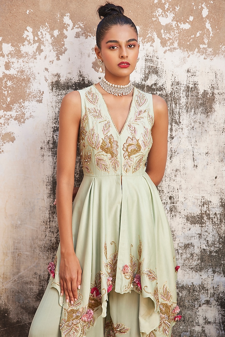 Mint Green Chanderi & Georgette Hand Embroidered Tunic Set by Varun Bahl at Pernia's Pop Up Shop