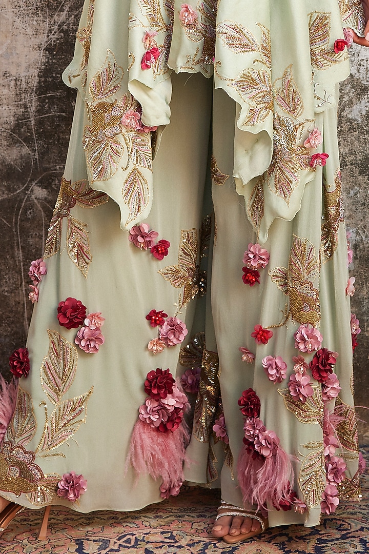 Mint Green Chanderi & Georgette Hand Embroidered Tunic Set by Varun Bahl at Pernia's Pop Up Shop