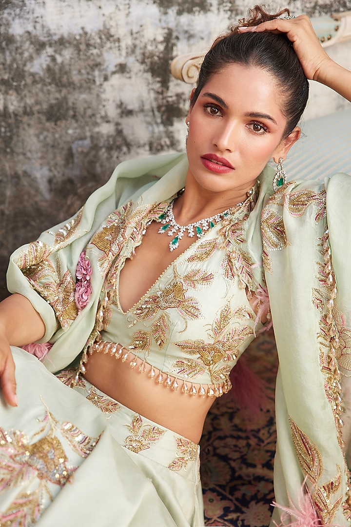 Mint Green Chanderi & Organza Hand Embroidered Bridal Lehenga Set by Varun Bahl at Pernia's Pop Up Shop