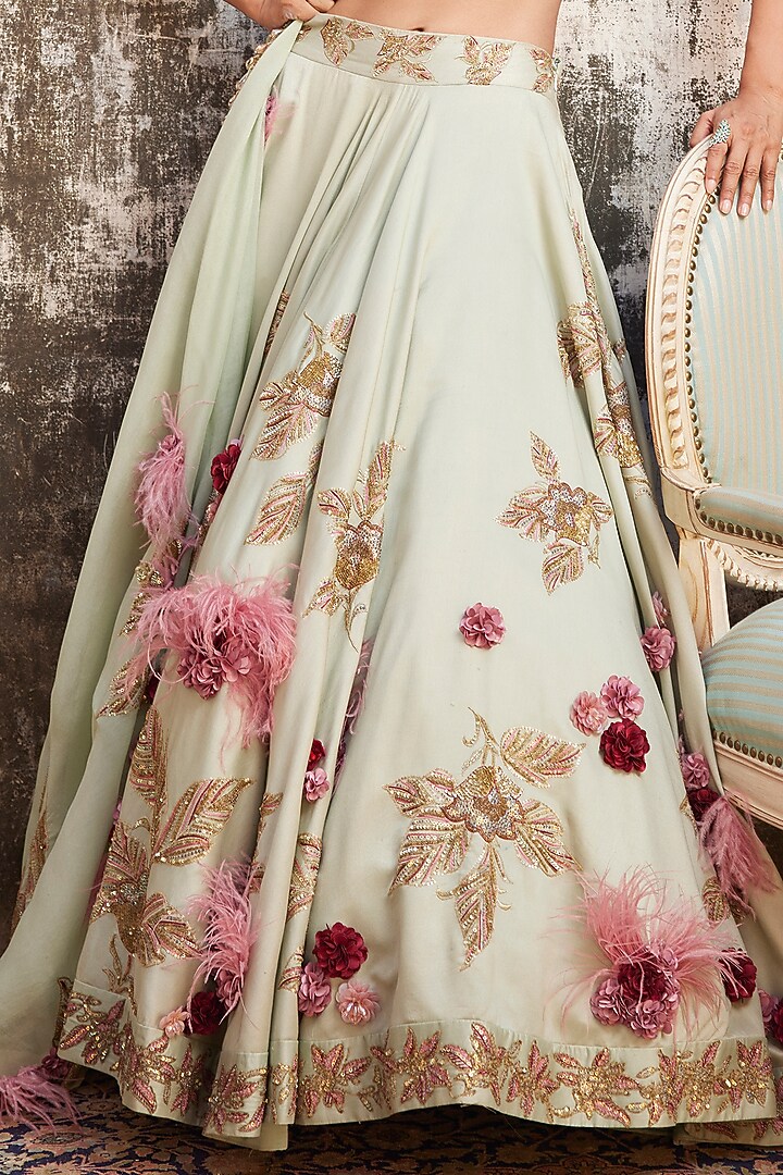 Mint Green Chanderi & Organza Hand Embroidered Bridal Lehenga Set by Varun Bahl at Pernia's Pop Up Shop