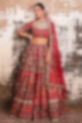 Crimson Red Modal Dupion Embroidered Bridal Lehenga Set by Varun Bahl at Pernia's Pop Up Shop
