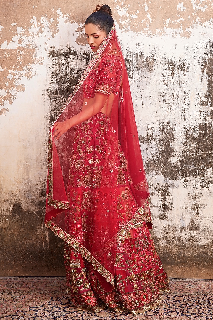 Crimson Red Modal Dupion Embroidered Bridal Lehenga Set by Varun Bahl at Pernia's Pop Up Shop