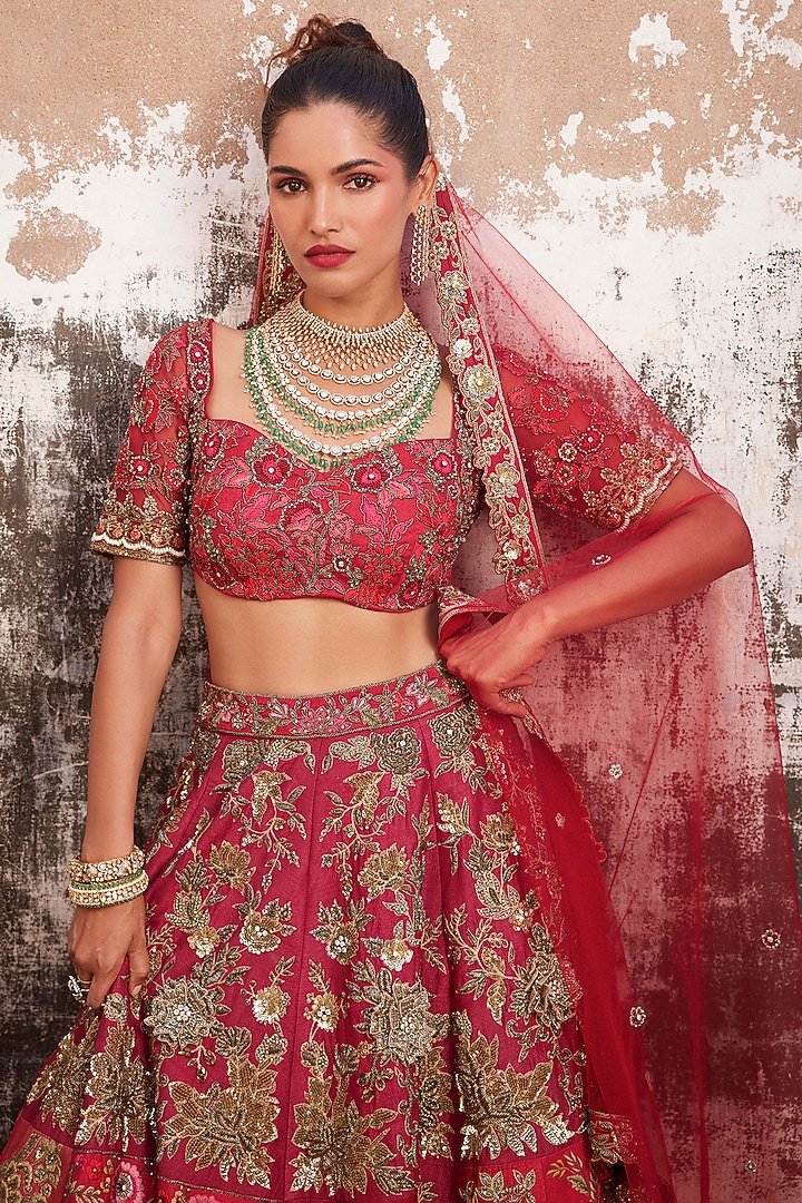 Crimson Red Modal Dupion Embroidered Bridal Lehenga Set by Varun Bahl at Pernia's Pop Up Shop