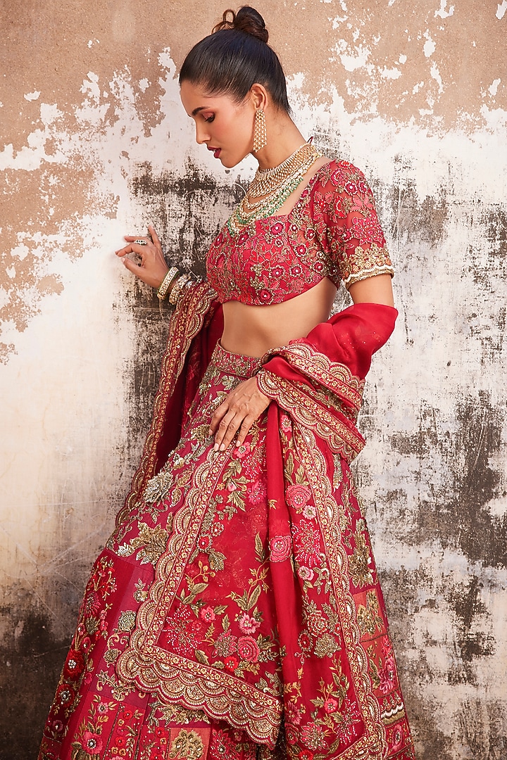 Crimson Red Modal Dupion Embroidered Bridal Lehenga Set by Varun Bahl at Pernia's Pop Up Shop