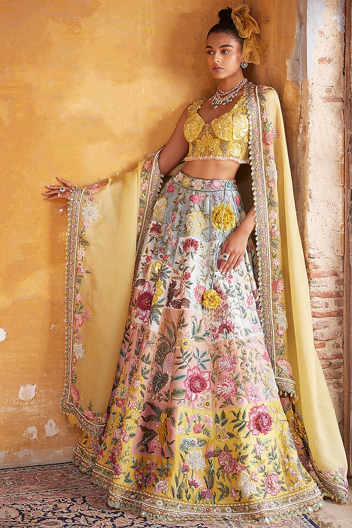 Multi-Colored Modal Dupion Embroidered Bridal Lehenga Set by Varun Bahl at Pernia's Pop Up Shop
