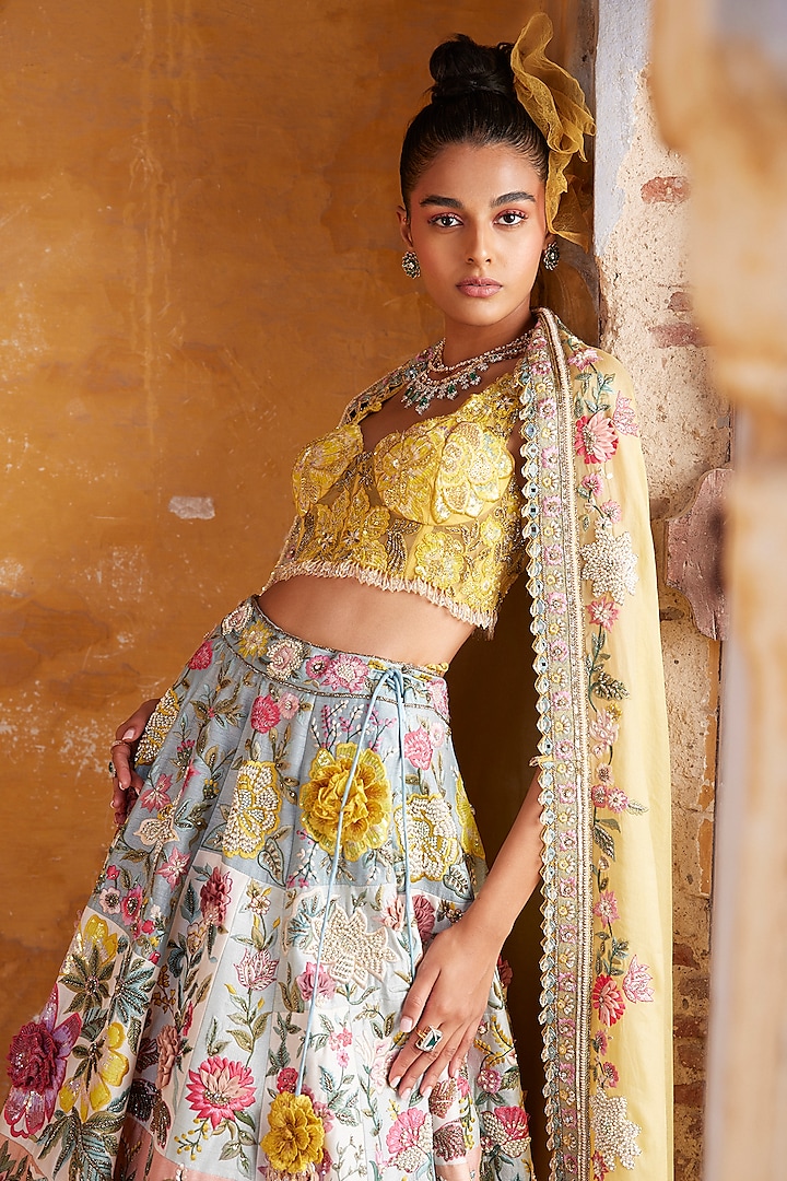 Multi Colored Modal Dupion Embroidered Bridal Lehenga Set By Varun Bahl