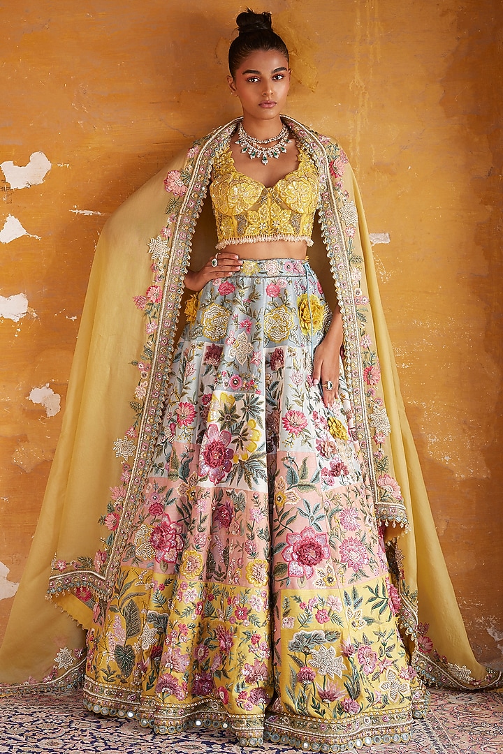 Multi-Colored Modal Dupion Embroidered Bridal Lehenga Set by Varun Bahl at Pernia's Pop Up Shop
