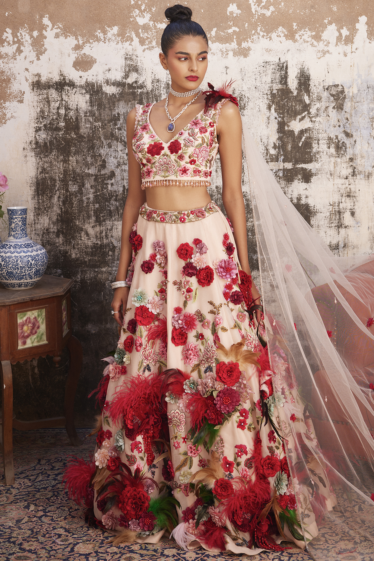 Salmon Pink Organza & Net Embroidered Bridal Lehenga Set by Varun Bahl at Pernia's Pop Up Shop