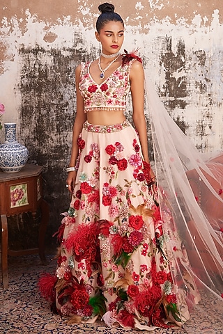 Salmon Pink Organza & Net Embroidered Lehenga Set by Varun Bahl