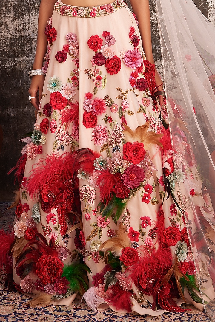 Salmon Pink Organza & Net Embroidered Bridal Lehenga Set by Varun Bahl at Pernia's Pop Up Shop