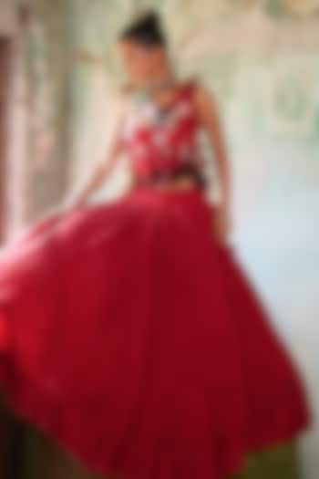 Scarlet Red Organza Skirt Set by Varun Bahl