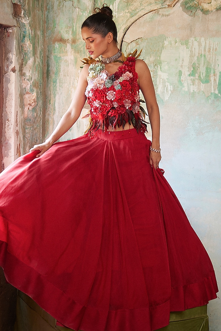 Scarlet Red Organza Skirt Set by Varun Bahl