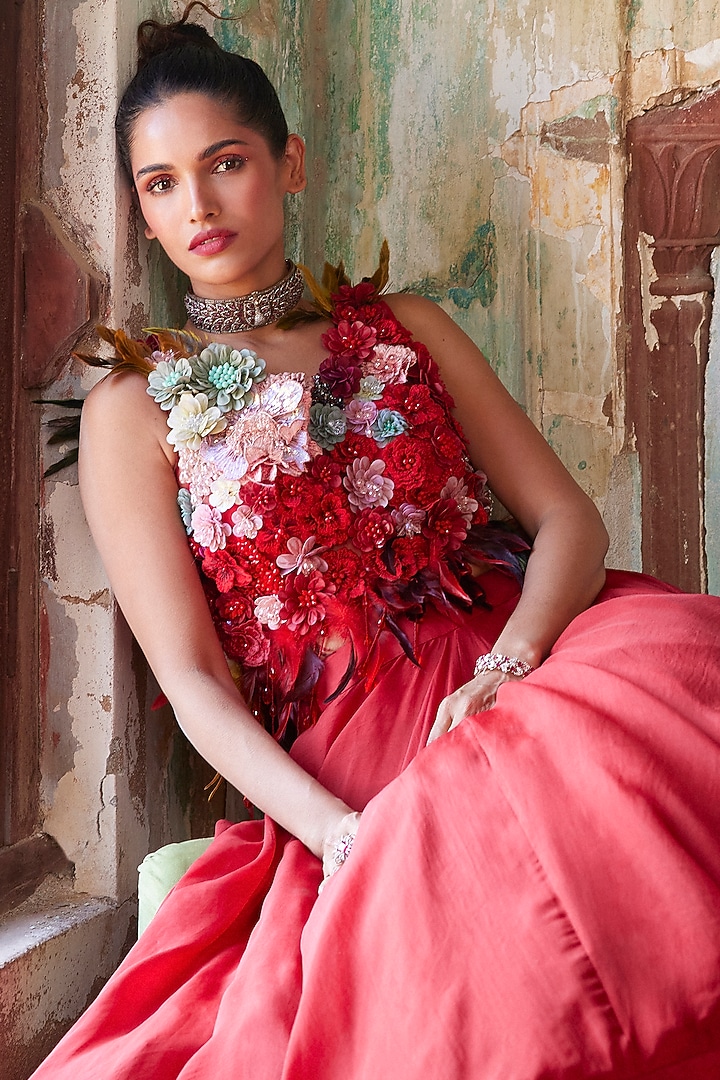 Scarlet Red Organza Skirt Set by Varun Bahl at Pernia's Pop Up Shop