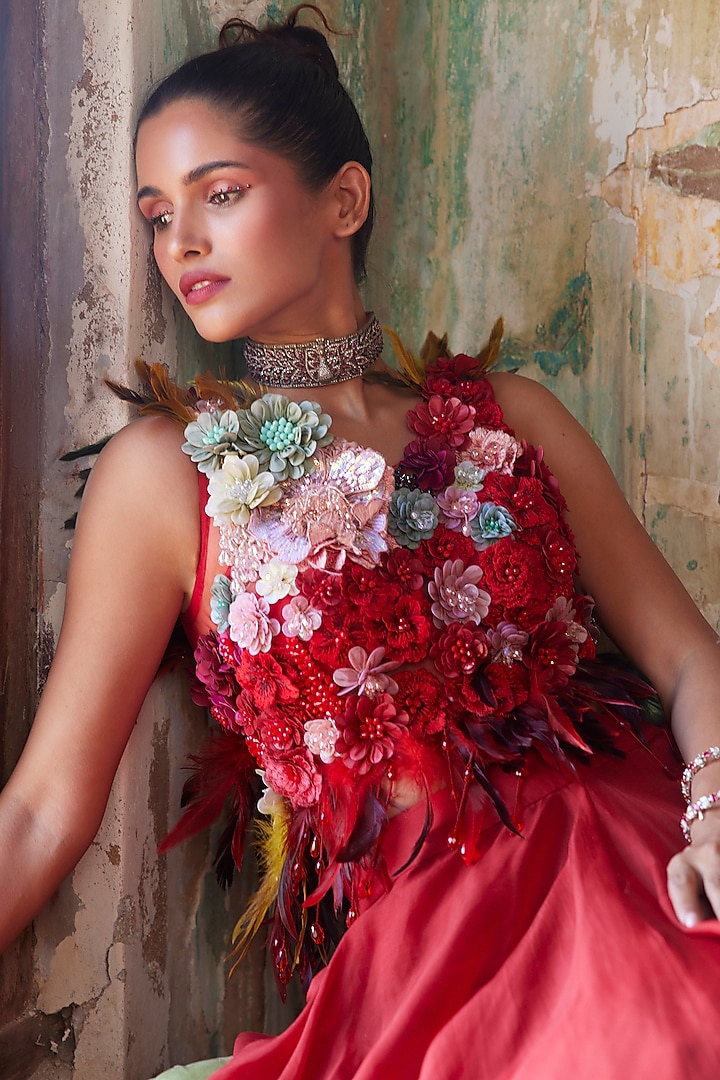 Scarlet Red Organza Skirt Set by Varun Bahl at Pernia's Pop Up Shop