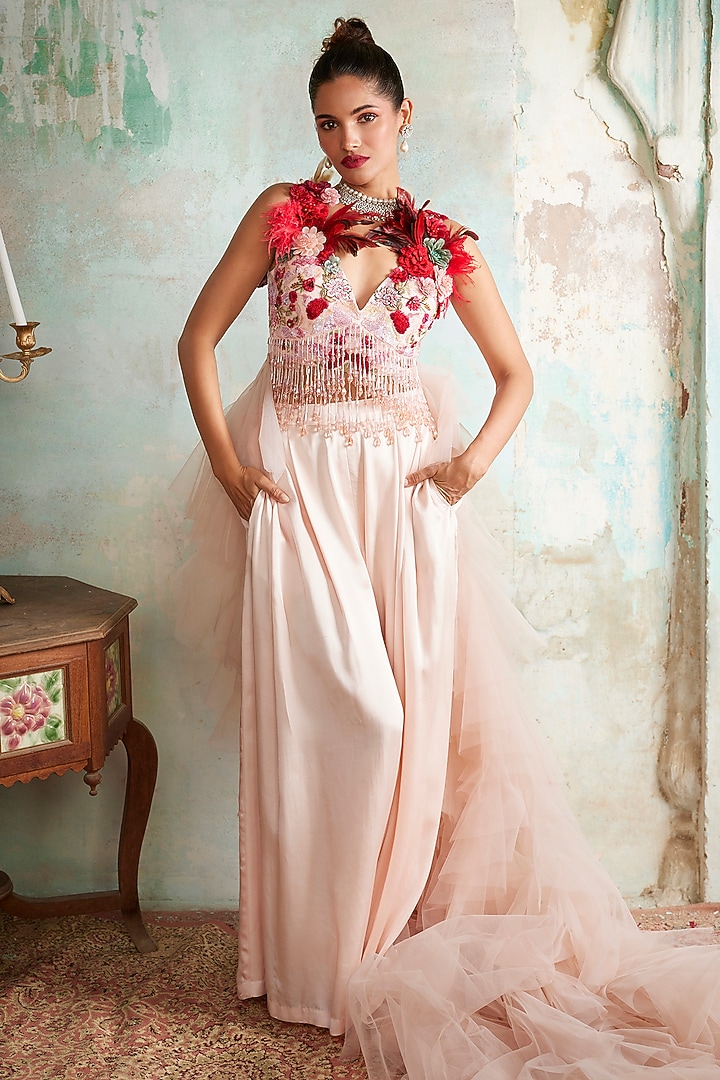 Light Salmon Pink Satin Trouser Set by Varun Bahl at Pernia's Pop Up Shop