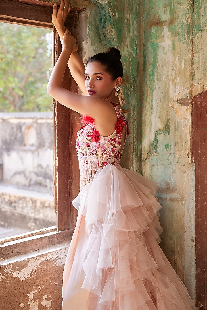 Light Salmon Pink Satin Trouser Set by Varun Bahl at Pernia's Pop Up Shop