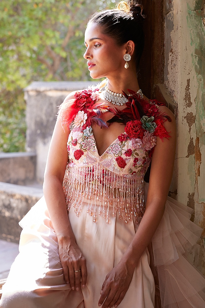 Light Salmon Pink Satin Trouser Set by Varun Bahl at Pernia's Pop Up Shop