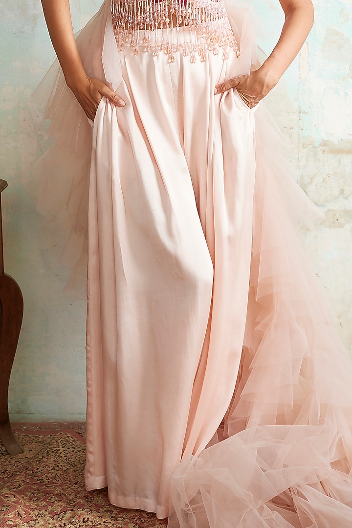 Light Salmon Pink Satin Trouser Set by Varun Bahl at Pernia's Pop Up Shop