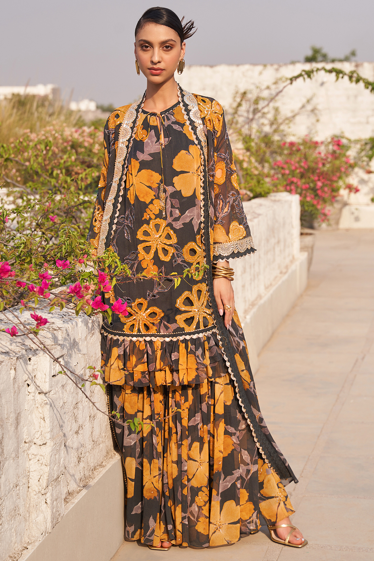 Grey & Mustard Georgette Printed Bridal Sharara Set by Varun Bahl at Pernia's Pop Up Shop