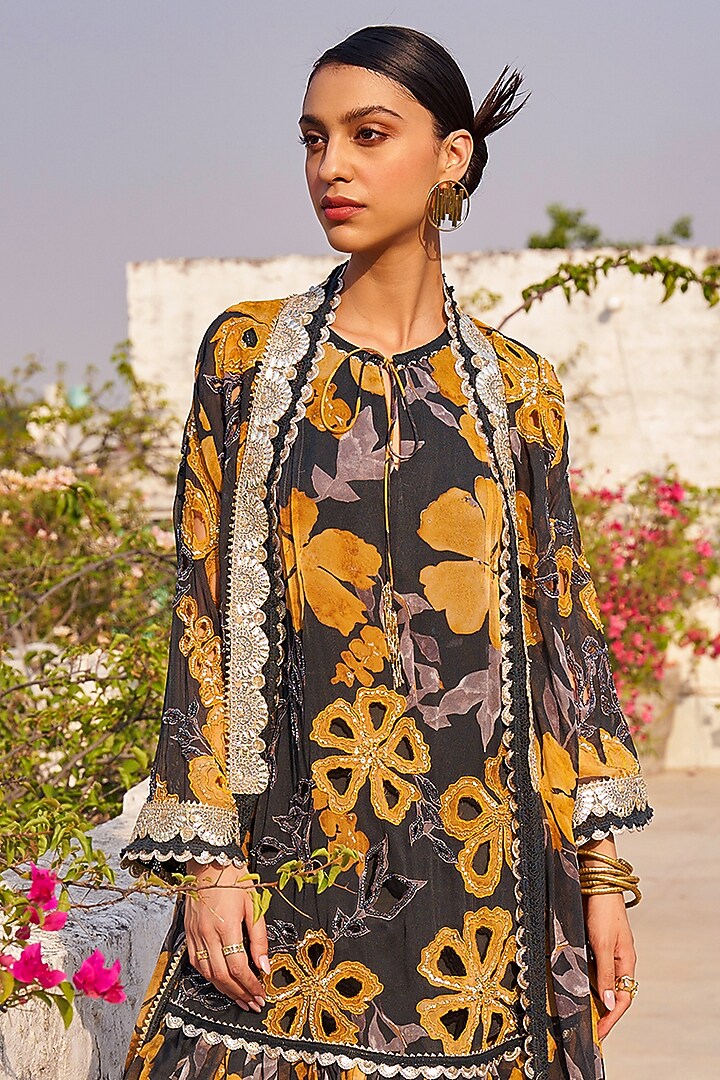 Grey & Mustard Georgette Printed Bridal Sharara Set by Varun Bahl at Pernia's Pop Up Shop