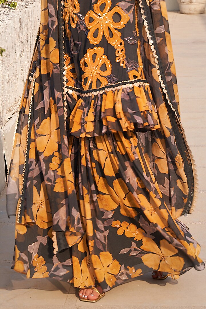 Grey & Mustard Georgette Printed Bridal Sharara Set by Varun Bahl at Pernia's Pop Up Shop